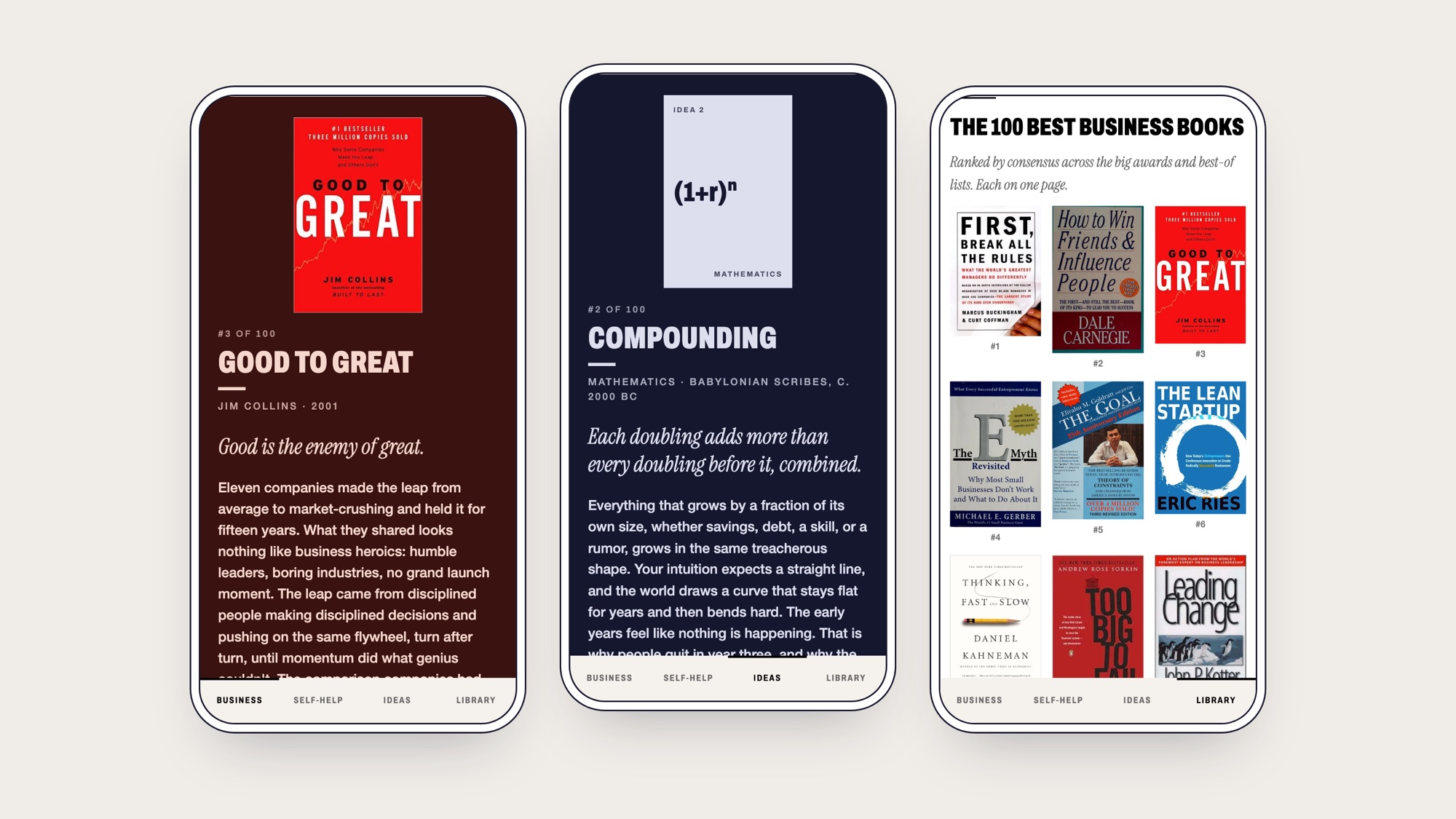 Three phone screens from Hundredfold. Good to Great on a deep red page, the idea of Compounding on a navy page, and the library grid of the 100 best business books.