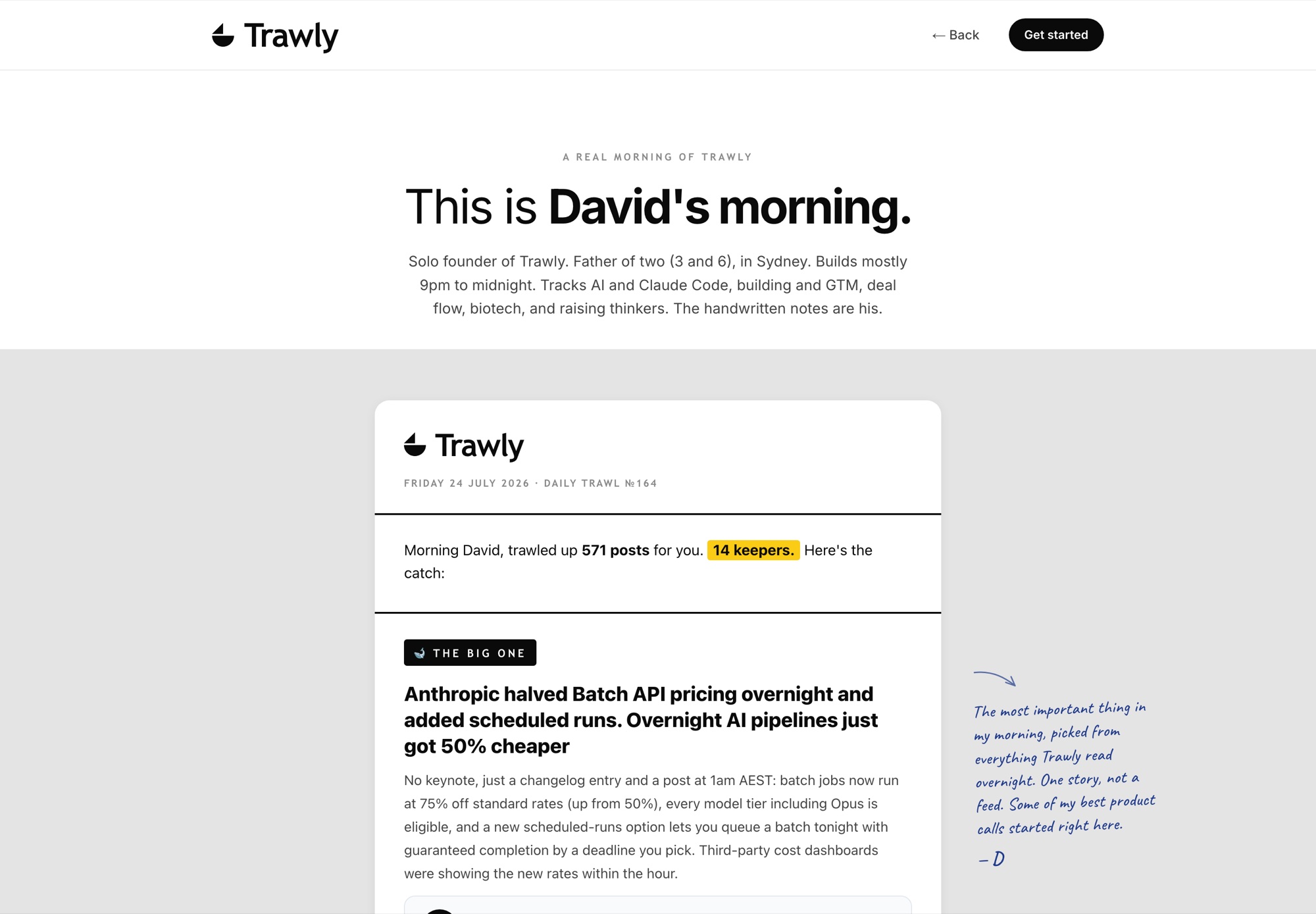 A real Trawly edition. It opens "Morning David, trawled up 571 posts for you. 14 keepers. Here's the catch", followed by the day's biggest story.